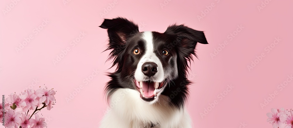 Obraz premium Happy border collie dog in a portrait with a spring theme depicted in isolation on a pink pastel background offering copy space image