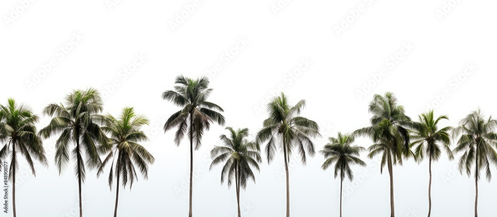 Various coconut trees set against a white backdrop providing copy space image Various coconut trees set against a white backdrop providing copy space image