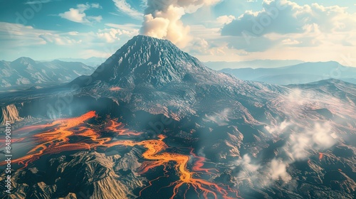 A wide shot captures a majestic mountain spewing smoke, with vibrant rivers of molten lava flowing down its slopes under a clear, adventurous sky.