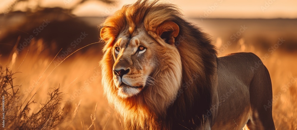 Fototapeta premium African lion in Masai Mara shown in a portrait with a copy space image included