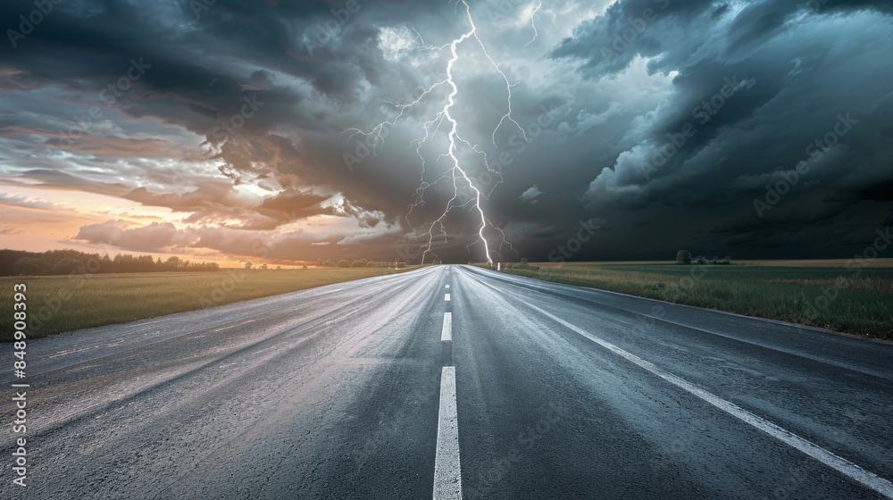 A deserted road paved with rain reflects the grey clouds above as lightning bolts dramatically slice through the stormy sky, creating a scene of powerful natural energy. A deserted road paved with rain reflects the grey clouds above as lightning bolts dramatically slice through the stormy sky, creating a scene of powerful natural energy.