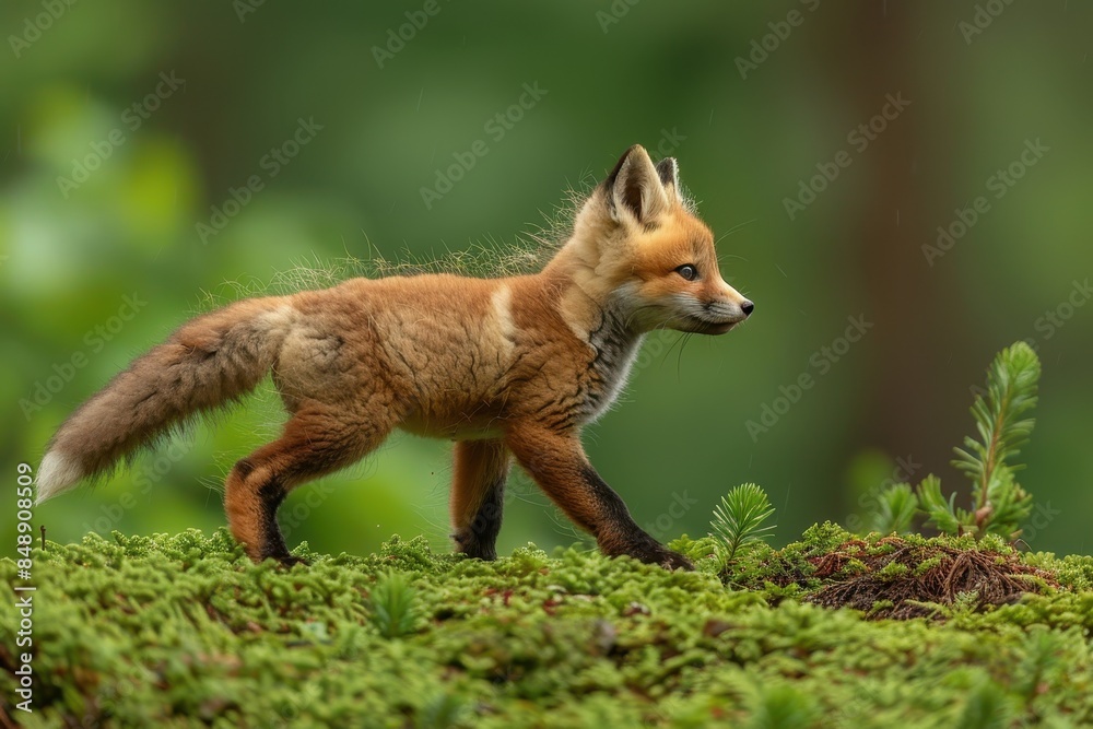 Baby Fox: An adorable baby fox kit with reddish fur and a bushy tail, exploring a forest clearing.