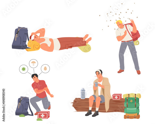 Accident of people travel backpackers vector illustration. Man tourist suffering from flu sickness, allergy, headache flu cold and attack of mosquito insects swarm during camping time scene set