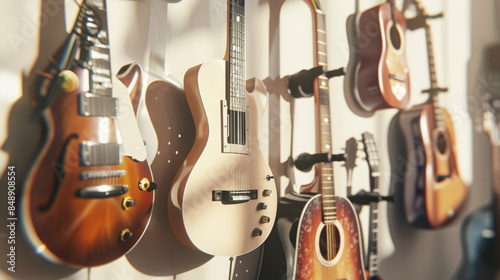 A close-up collection of guitars and other stringed instruments on a cozy, well-lit wall, emphasizing the beauty of musical diversity and craftsmanship.