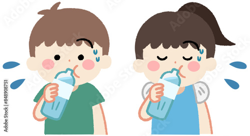 水分補給する子供たちのイラスト