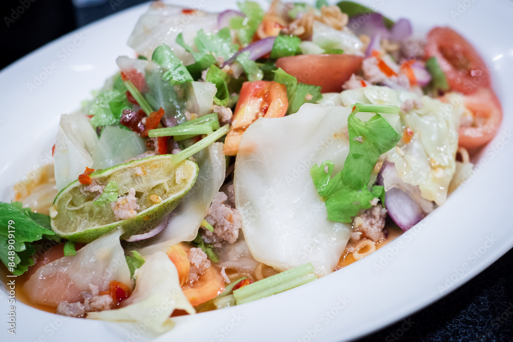 Thai salad is Spicy Glass Seaweed noodle Salad with Minced Pork. Thai salad is Spicy Glass Seaweed noodle Salad with Minced Pork.