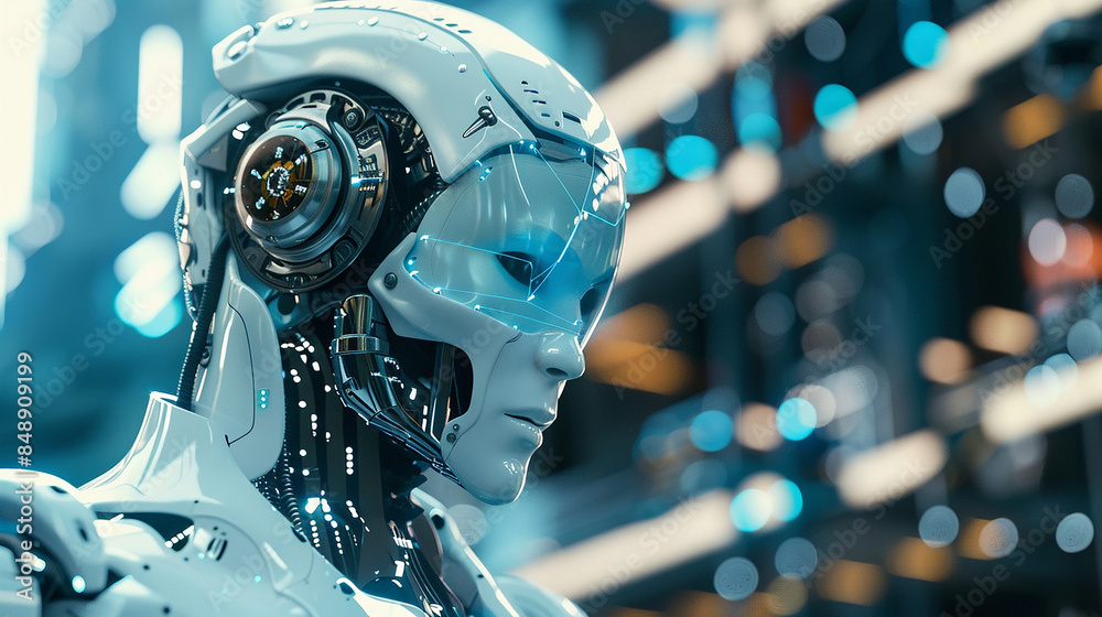 Fototapeta premium A robot with a human head showcasing AI Artificial Intelligence technology and a digital brain engin