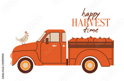 Happy Harvest Time. Red american pickup truck with pumpkins, harvested crop. Vector autumn minimalist illustration in flat style. Cute clip art with car, vehicle, transport. Harvest Festival. 