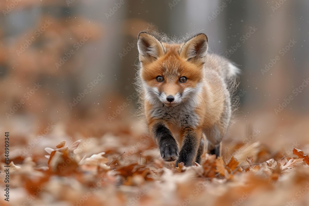 Obraz premium Baby Fox: An adorable baby fox kit with reddish fur and a bushy tail, exploring a forest clearing.