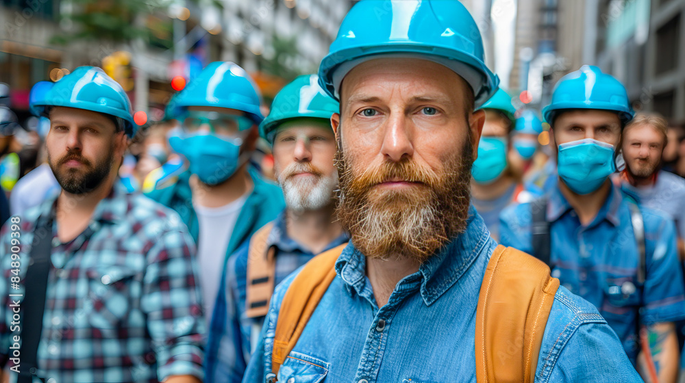 Group of construction workers wearing face masks standing in a row Group of construction workers wearing face masks standing in a row