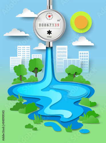 Save water poster with papercut cityscape, green park landscape and gauge meter vector illustration. World ecology and environment care day concept