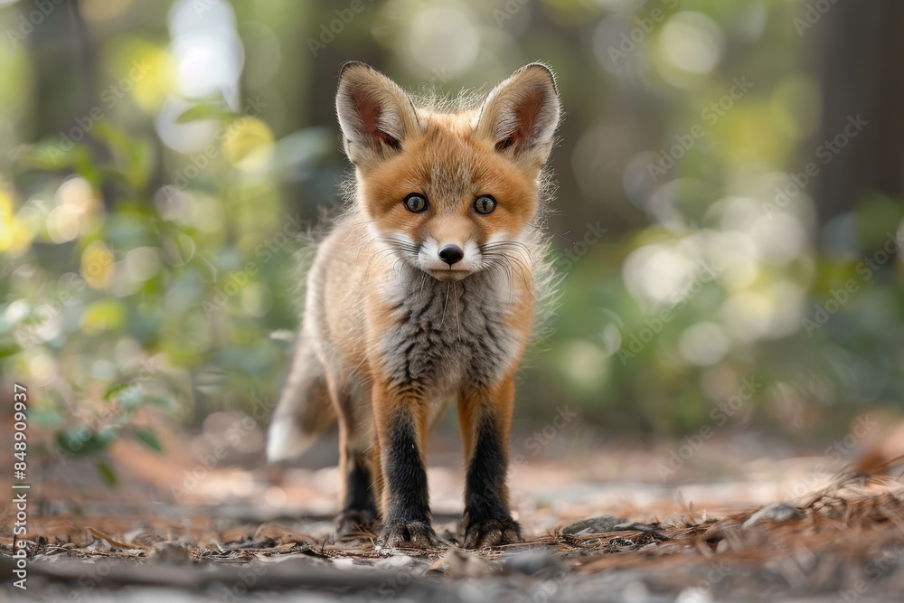 Baby Fox: An adorable baby fox kit with reddish fur and a bushy tail, exploring a forest clearing. Baby Fox: An adorable baby fox kit with reddish fur and a bushy tail, exploring a forest clearing.