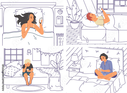 Young adult people and children characters with mobile relax in home bed vector illustration scene. Sleep disorder, insomnia internet and social media network addiction concept
