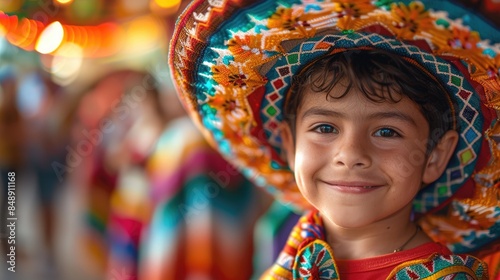  Vivid photo of a Mexican little boy in traditional attire, wearing a colorful sombrero