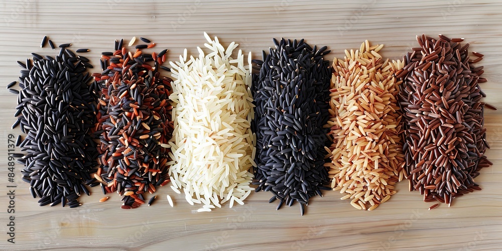 Assorted White Rice Different types of rice, brown rice, black rice, white rice, assortment ...