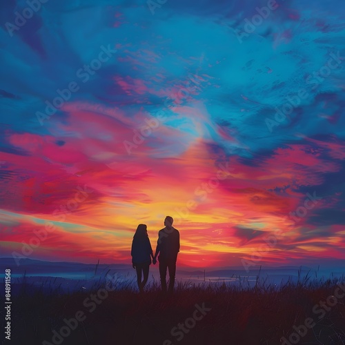 Silhouetted Couple Admiring Vibrant Sunset Landscape During Hike