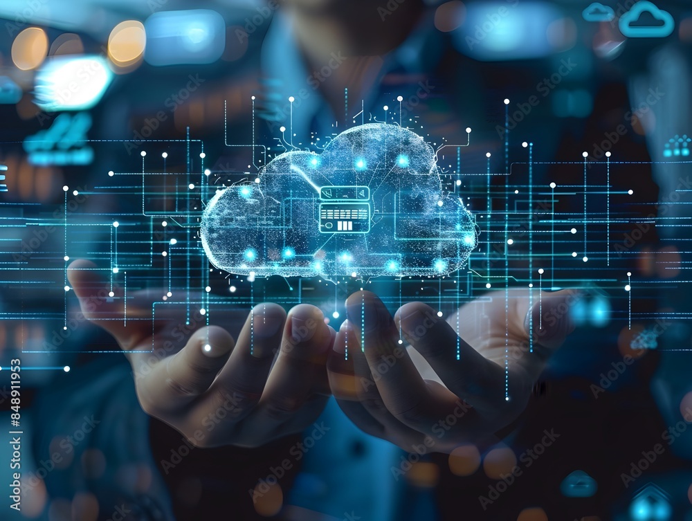 Businessperson Presenting Cloud Computing Solutions to Clients with Interactive Digital Screens Businessperson Presenting Cloud Computing Solutions to Clients with Interactive Digital Screens