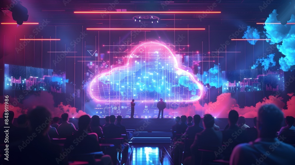 Obraz premium Futuristic Tech Conference with Cloud Computing Data Visualizations on Large Screens