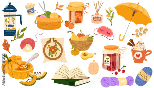 Hygge set, hand drawn vector, scandinavian doodle sketchy elements. Cozy comfortable lifestyle, winter and autumn mood. Vector illustration isolated on white background