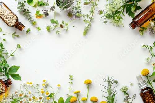 Natural Wellness. Apothecary of Herbal Medicine and Alternative Self-care on White Background with Aromatherapy and Flowers