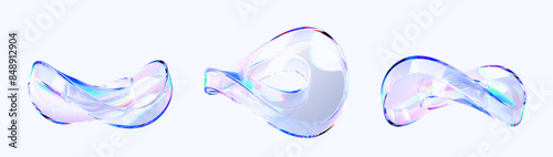 Abstract liquid glass transparent wave torus shapes 3d render icon set. Holographic gradient fluid circle rings, iridescent chromatic dispersion art objects, isolated design elements. 3D illustration