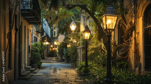 Quiet evening street with classic lantern-style streetlights and a serene setting