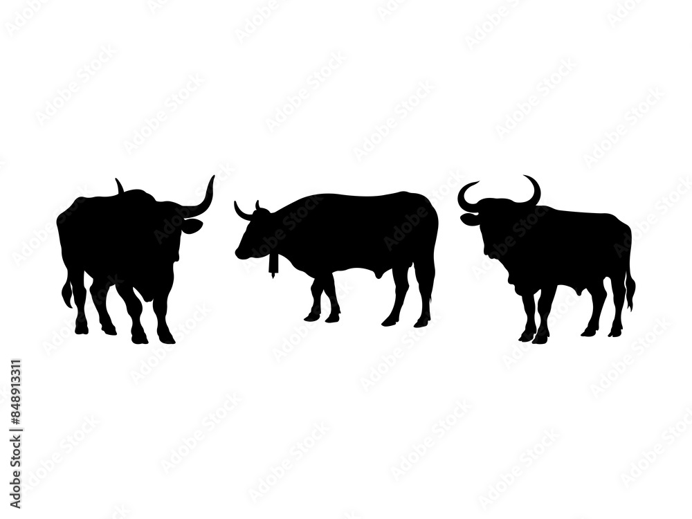 Set of Bull Silhouette in various poses isolated on white background Set of Bull Silhouette in various poses isolated on white background