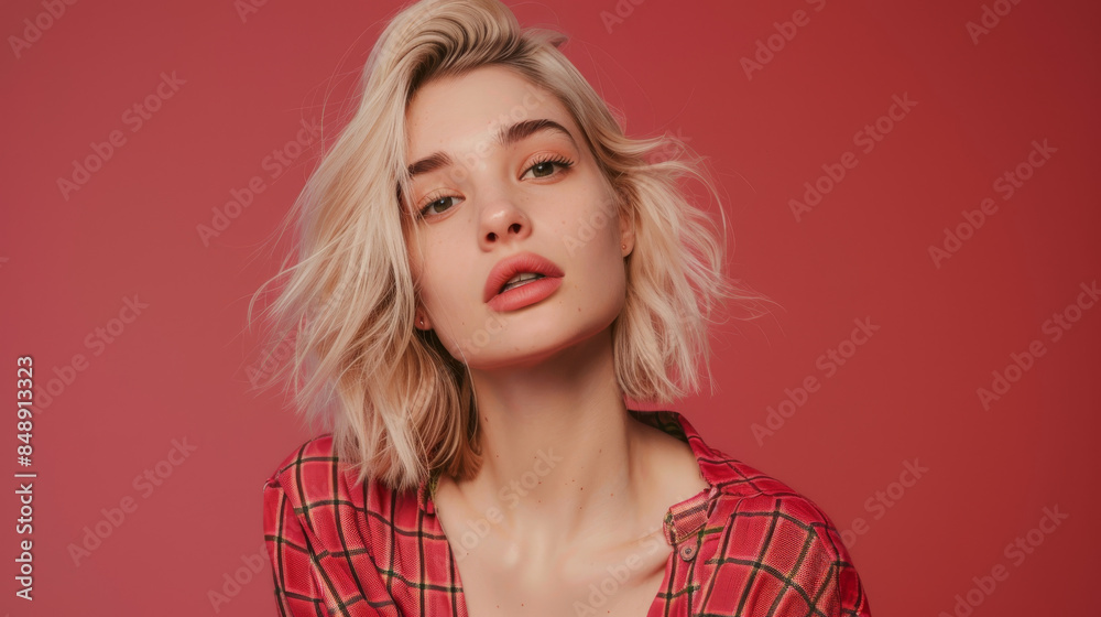 A trendy young woman with platinum blonde hair leans slightly against a pale blue backdrop, radiating calm confidence and modern style. A trendy young woman with platinum blonde hair leans slightly against a pale blue backdrop, radiating calm confidence and modern style.
