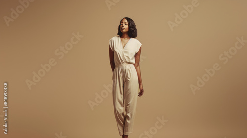 A stylish woman in a minimalist ivory outfit stands confidently against a neutral backdrop, embodying elegance and simplicity.