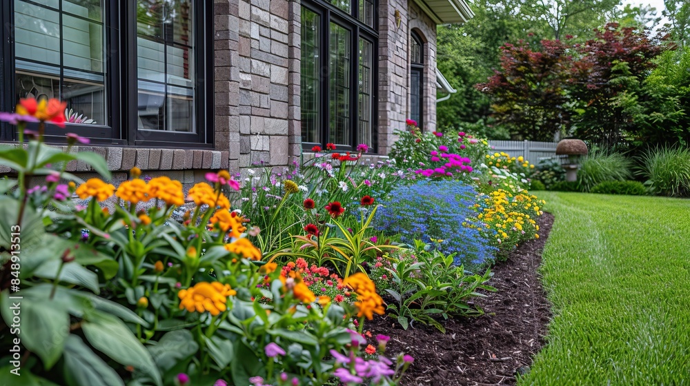 Lush garden with colorful flowers and neat stone pathways in a suburban yard Lush garden with colorful flowers and neat stone pathways in a suburban yard