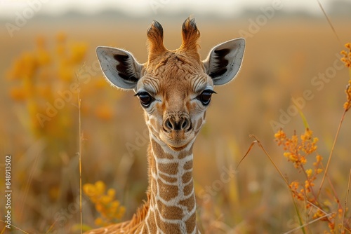 Baby Giraffe: A tall, gangly baby giraffe with large eyes and a long neck, standing next to its mother in the African plains. 