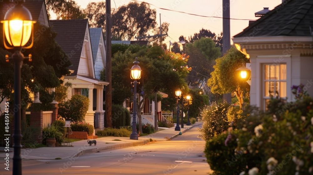 Fototapeta premium Serene residential street at dusk with charming streetlights and houses