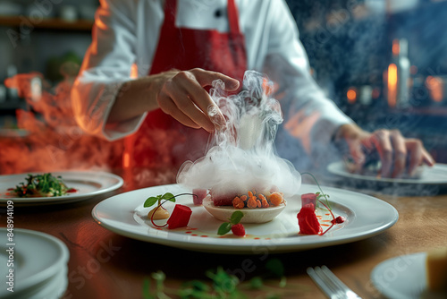 chef preparing a molecular cuisine dish for a client in a restaurant, mind-blowing cuisine, 