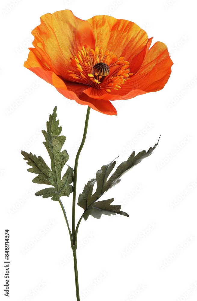 Single Orange Poppy Flower With Green Leaves on White Background Single Orange Poppy Flower With Green Leaves on White Background