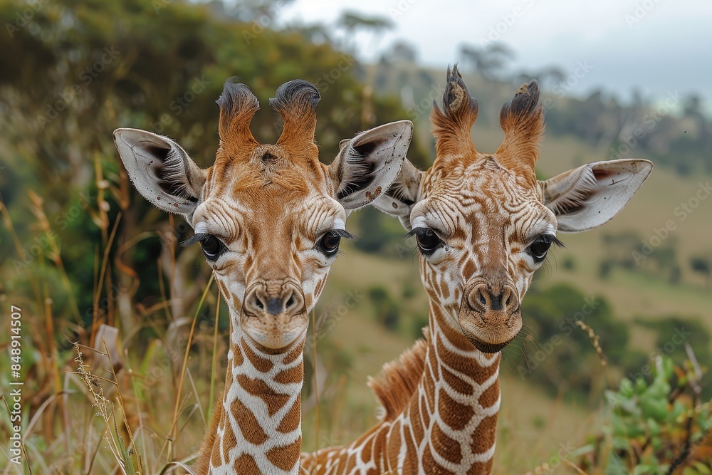 Fototapeta premium Baby Giraffe: A tall, gangly baby giraffe with large eyes and a long neck, standing next to its mother in the African plains.