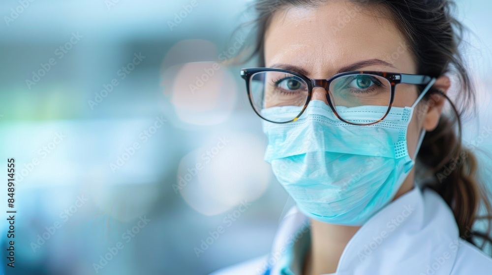 A female doctor wearing protective mask and glasses in front of a blurred background A female doctor wearing protective mask and glasses in front of a blurred background