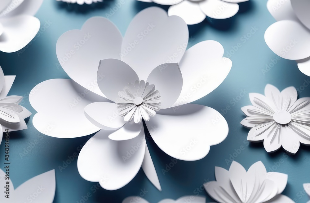 Spring white flowers in paper cut style. paper flowers background