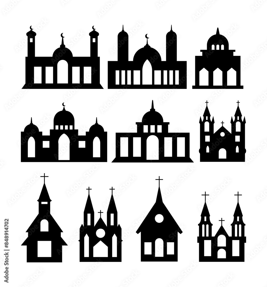Vector Illustration Set of Worship Place Symbols for Map Creation Vector Illustration Set of Worship Place Symbols for Map Creation
