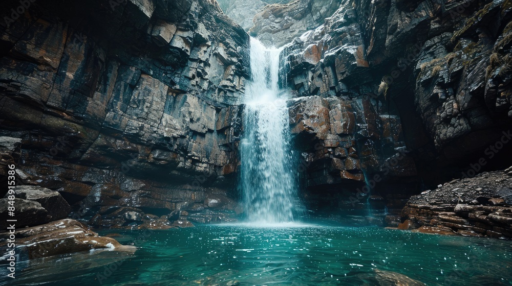 Naklejka premium Stunning waterfall cascading down rugged cliffs into a crystal-clear pool below