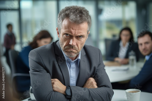 Photo of a confident handsome middle aged strict angry man working in office made with generative AI