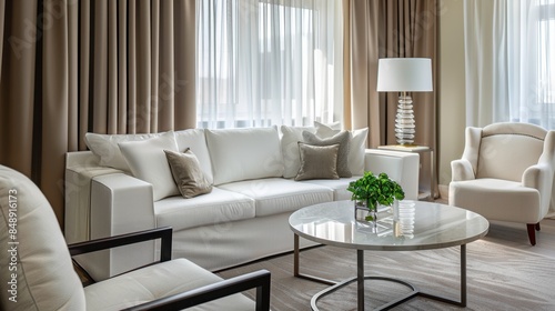 Stylish living room interior with white sofa, armchair and small coffee table