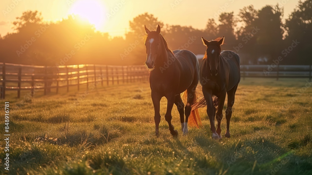 Thoroughbred horses walking in a grass field at sunrise Thoroughbred horses walking in a grass field at sunrise