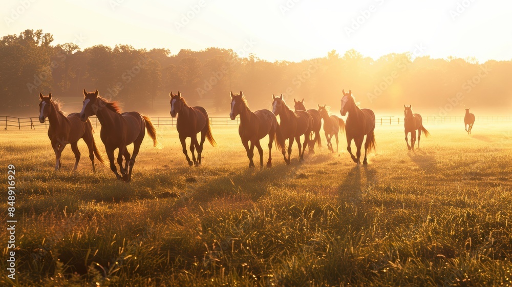 Obraz premium Thoroughbred horses walking in a grass field at sunrise