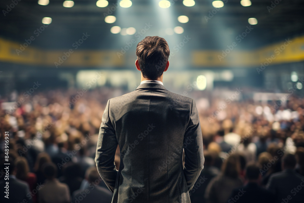 Generative AI illustration motivational speaker with microphone in hand in front of audience at conference room Generative AI illustration motivational speaker with microphone in hand in front of audience at conference room