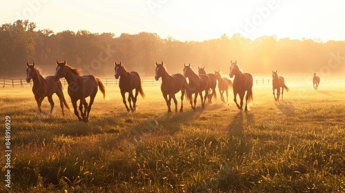 Thoroughbred horses walking in a grass field at sunrise