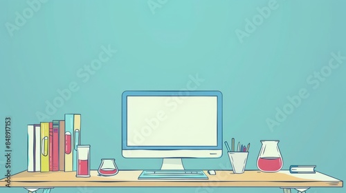 Simple blank template for animated background with outline of computer, book and test tube on one side. with copy space for text