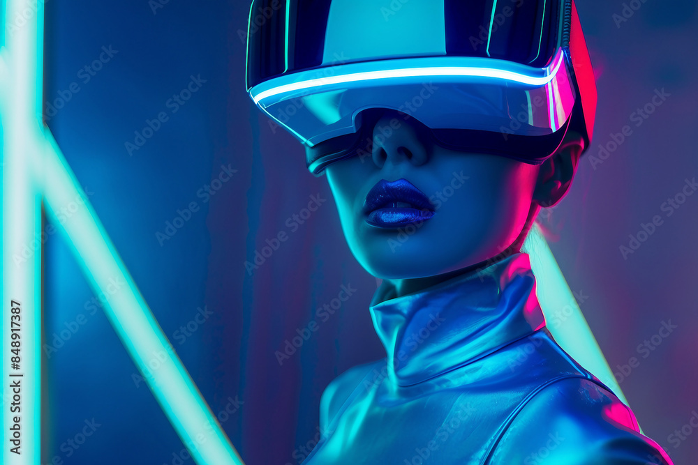 Person in vr virtual reality goggles visiting metaverse gaming world tech addicted, Generative AI Person in vr virtual reality goggles visiting metaverse gaming world tech addicted, Generative AI