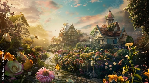 Fairy-tale village with cobblestone paths on a floating island, vibrant flowers everywhere, wide-angle shot, dawn light. photo