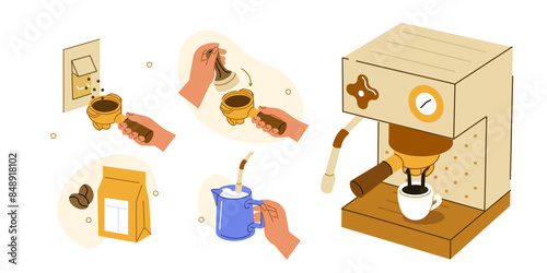Coffee brewing set. Instruction how to make cappuccino in espresso machine. Barista grinding coffee beans, tamping, frothing milk. Hand drawn doodle. Vector illustration.
