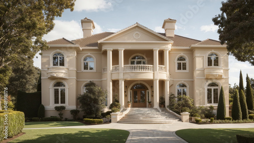 This is an image of a large, two-story house with a beige exterior. It has a grand staircase leading up to the front door, and there are trees and shrubs on either side of the house.